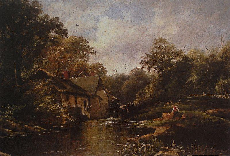 Theodore Fourmois Watermill in the Ardennes with angler Norge oil painting art